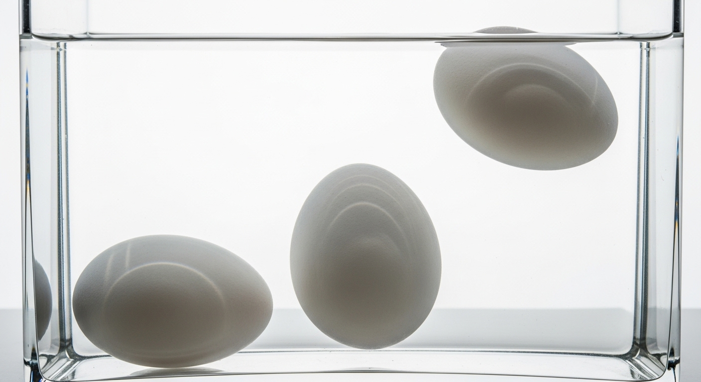 Kiểm tra độ tươi trứng với 3 quả trứng trong bình nước (một nổi, một đứng, một nằm).