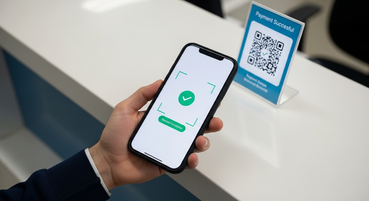 Cận cảnh tay đang quét mã QR thanh toán tại quầy bệnh viện, giúp quy trình khám nhanh tại Bệnh viện Bạch Mai thêm tiện lợi.