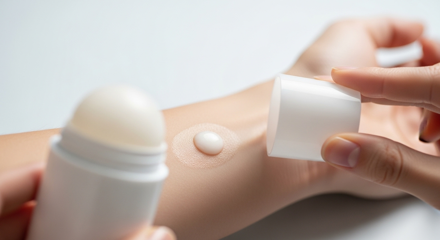 Cẳng tay sạch đang thoa sáp lăn khử mùi. Mẹo sức khoẻ cho vệ sinh cá nhân hàng ngày.