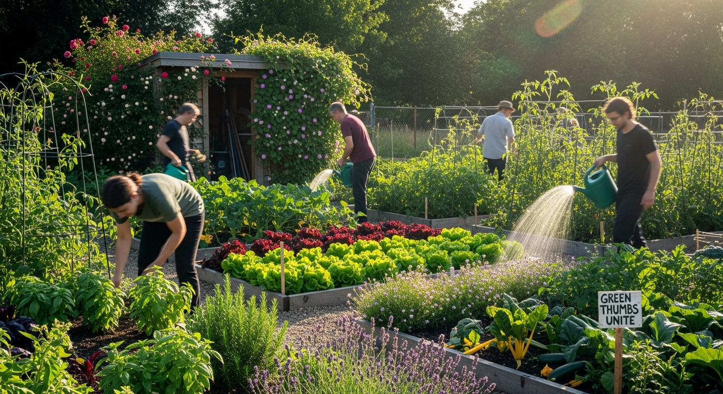 Vườn cộng đồng nhộn nhịp ban ngày với cây xanh, rau củ tươi tốt. Mọi người cùng làm vườn năng động, thể hiện lối sống lành mạnh – bí quyết sống lâu trăm tuổi.