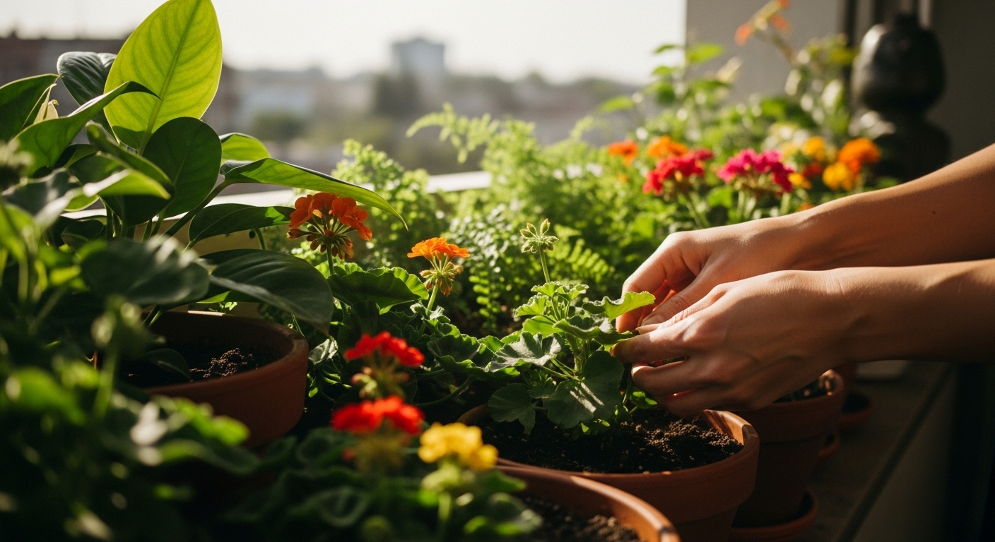 Bàn tay nhẹ nhàng chăm sóc cây cảnh và hoa rực rỡ trên ban công ngập nắng, một mẹo tăng cường sức khỏe tinh thần hiệu quả.