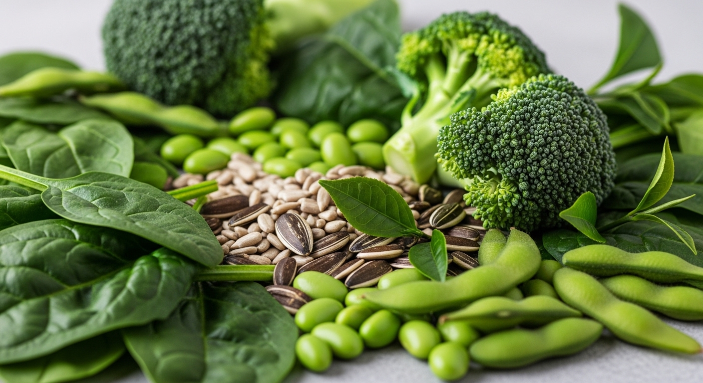 cải bó xôi, bông cải xanh, edamame, hạt hướng dương và trà xanh.