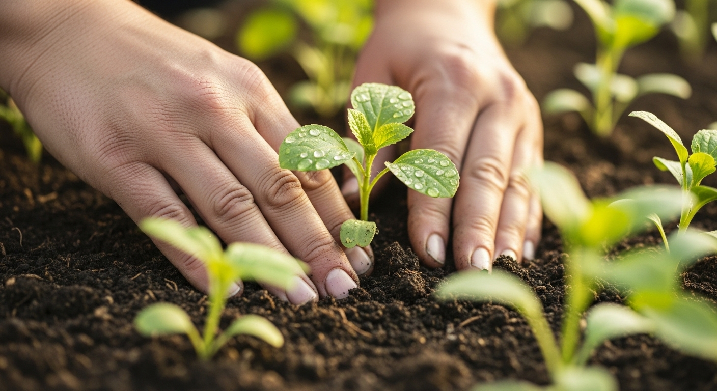 Bàn tay nhẹ nhàng chăm sóc cây non trong đất màu mỡ dưới ánh sáng tự nhiên, minh họa thói quen của người khỏe mạnh khi làm vườn và kết nối với thiên nhiên.