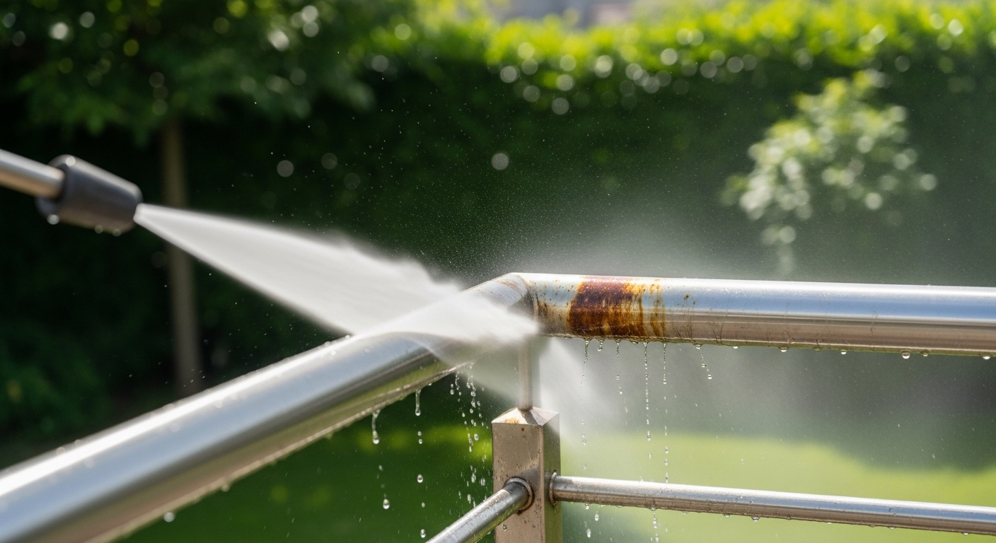 Vòi xịt áp lực cao đang tẩy rỉ sét trên inox lan can ngoài trời, làm lộ bề mặt kim loại sáng bóng giữa khung cảnh vườn xanh.