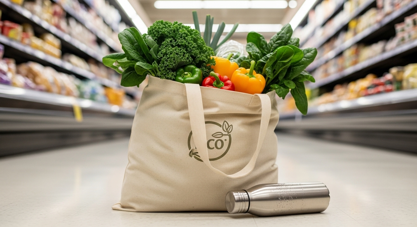 Túi vải canvas đựng đầy rau củ tươi và chai nước tái sử dụng trong siêu thị, minh họa mẹo tiết kiệm tiền khi mua sắm có ý thức.