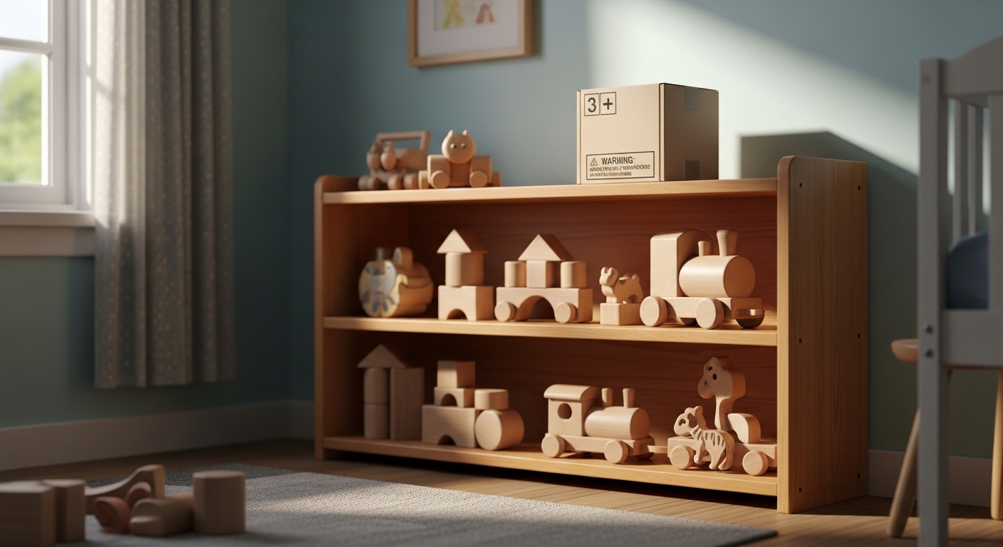Phòng trẻ em gọn gàng với kệ sách trưng bày đồ chơi gỗ lớn an toàn ở tầm thấp. Trên kệ cao ngoài tầm với, một hộp nhỏ có nhãn cảnh báo được đặt cẩn thận, nhấn mạnh nguy cơ trẻ nuốt nam châm.