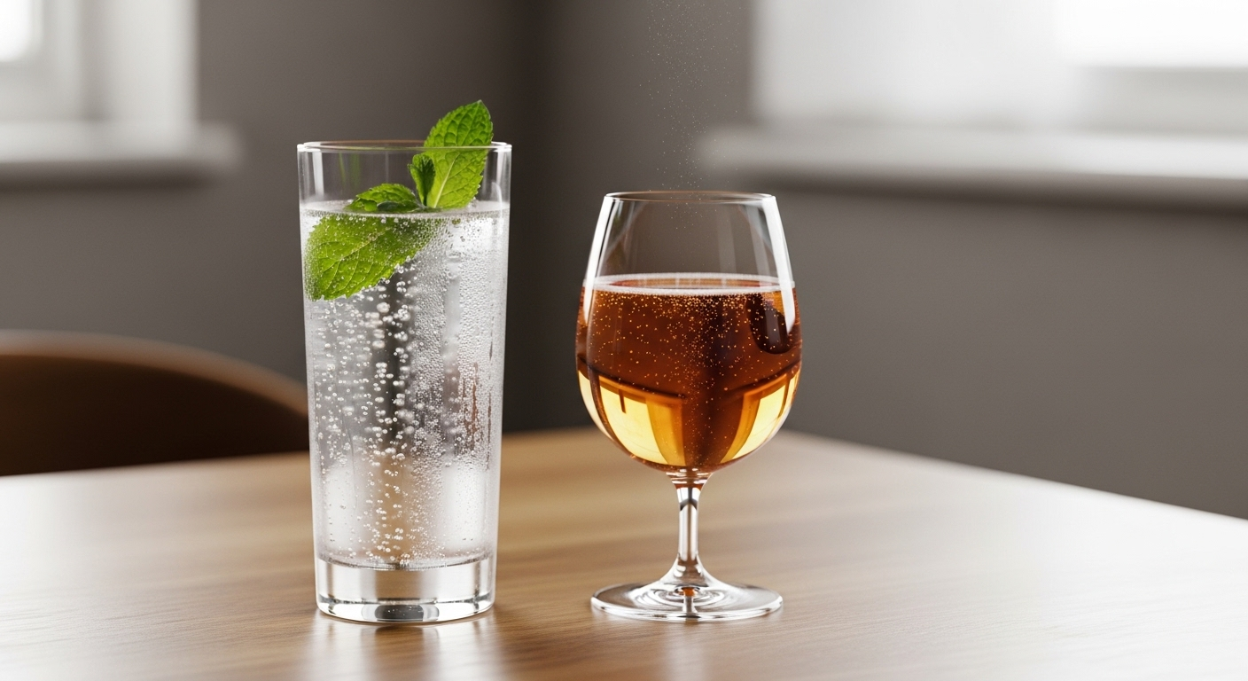 Bàn ăn tối giản với nước khoáng có ga lá bạc hà và nước táo có ga không cồn màu hổ phách, đại diện cho lựa chọn lành mạnh giúp ngăn ngừa viêm gan do rượu. Bàn ăn tối giản với nước khoáng có ga lá bạc hà và nước táo có ga không cồn màu hổ phách, đại diện cho lựa chọn lành mạnh giúp ngăn ngừa viêm gan do rượu.