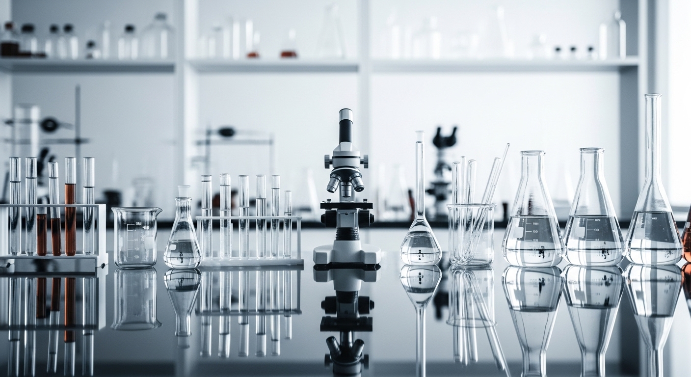 Phòng thí nghiệm vô trùng, gọn gàng với dụng cụ khoa học cho kiểm soát chất lượng, ứng dụng trong việc đánh giá và thu hồi nước rửa tay.