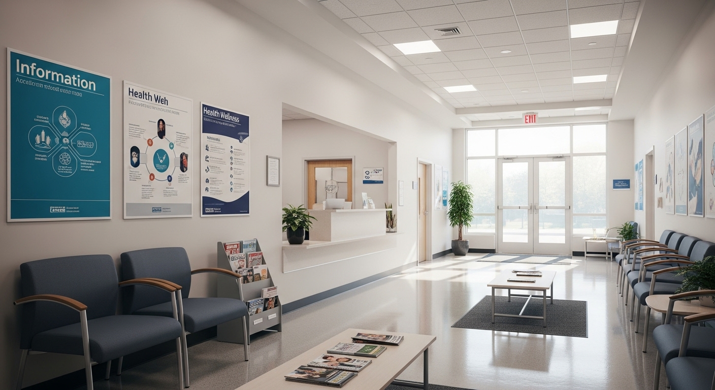 Khu vực tiếp tân phòng khám công cộng hiện đại, sạch đẹp, không gian lý tưởng cho dịch vụ khám sức khỏe định kỳ miễn phí. Khu vực tiếp tân phòng khám công cộng hiện đại, sạch đẹp, không gian lý tưởng cho dịch vụ khám sức khỏe định kỳ miễn phí.