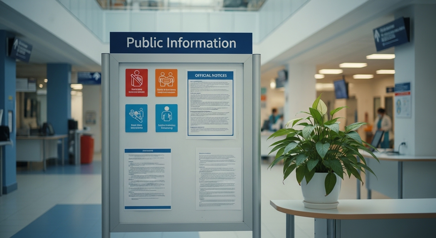 Bảng thông tin chính thức tại cơ sở y tế công cộng hiện đại, hiển thị hướng dẫn an toàn và thông báo quan trọng, giúp người dân tìm đúng địa chỉ khám chữa bệnh uy tín, tránh các rủi ro từ khám chữa bệnh chui.