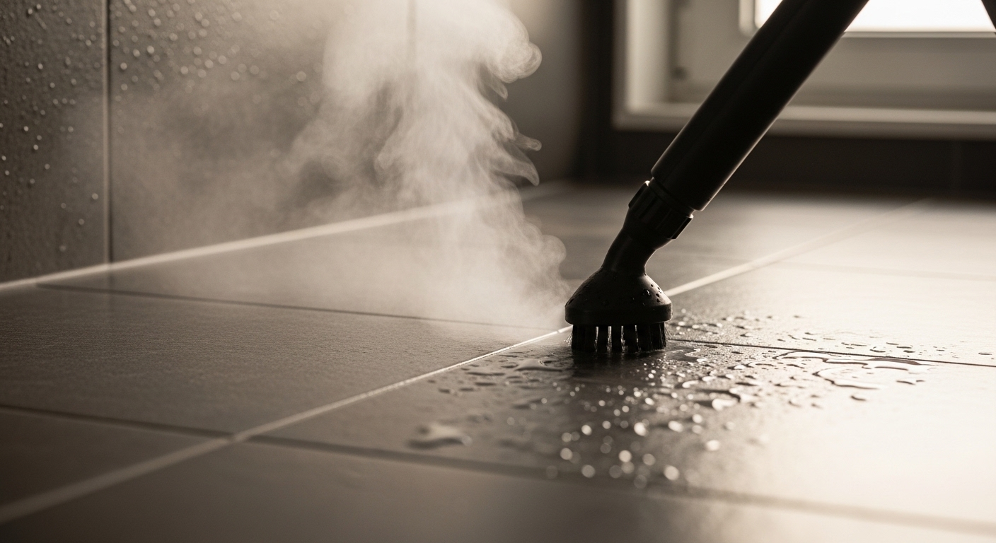 Máy phun hơi nước cầm tay làm sạch ron gạch tối màu giữa gạch men sáng trong phòng tắm, hơi nước và giọt nước li ti chứng tỏ hiệu quả cao trong việc vệ sinh bồn tắm và vòi hoa sen, mang lại sự sạch sẽ tối ưu.