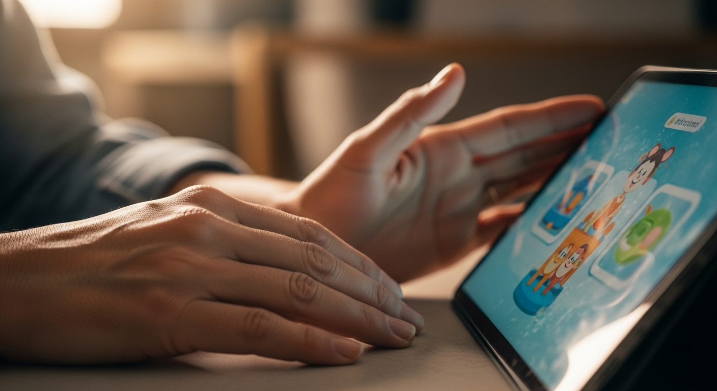 Bàn tay người lớn nhẹ nhàng đặt gần màn hình máy tính bảng hiển thị nội dung giáo dục, hướng dẫn trẻ em sử dụng công nghệ an toàn và tránh xa các thử thách nguy hiểm như thử thách ngất xỉu.