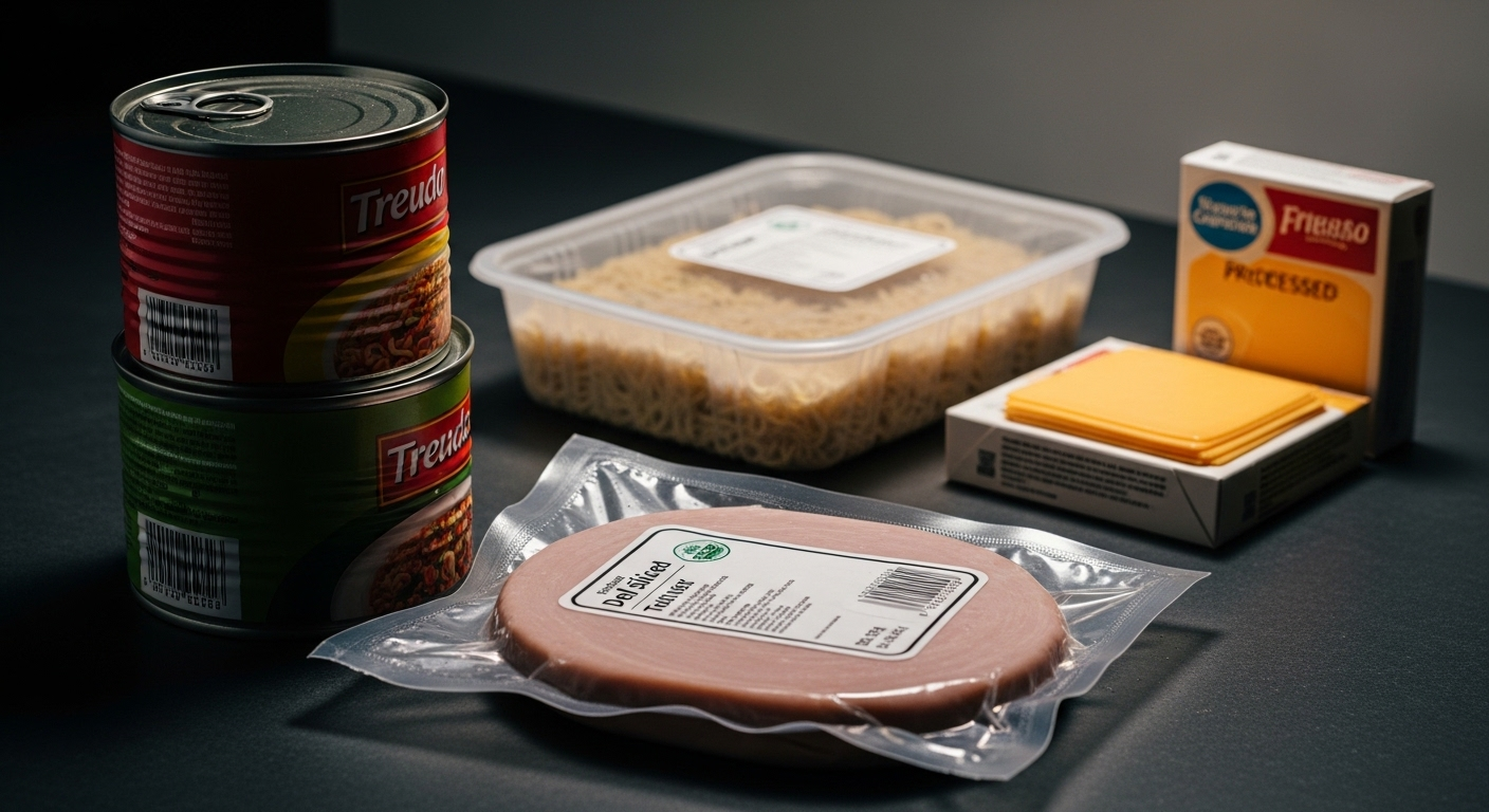 Ảnh tĩnh vật thực phẩm chế biến sẵn, đóng gói công nghiệp (thịt nguội, đồ hộp) trên mặt bàn tối, gợi nhắc về chế độ ăn uống và nguy cơ ăn nhiều protein hại thận.