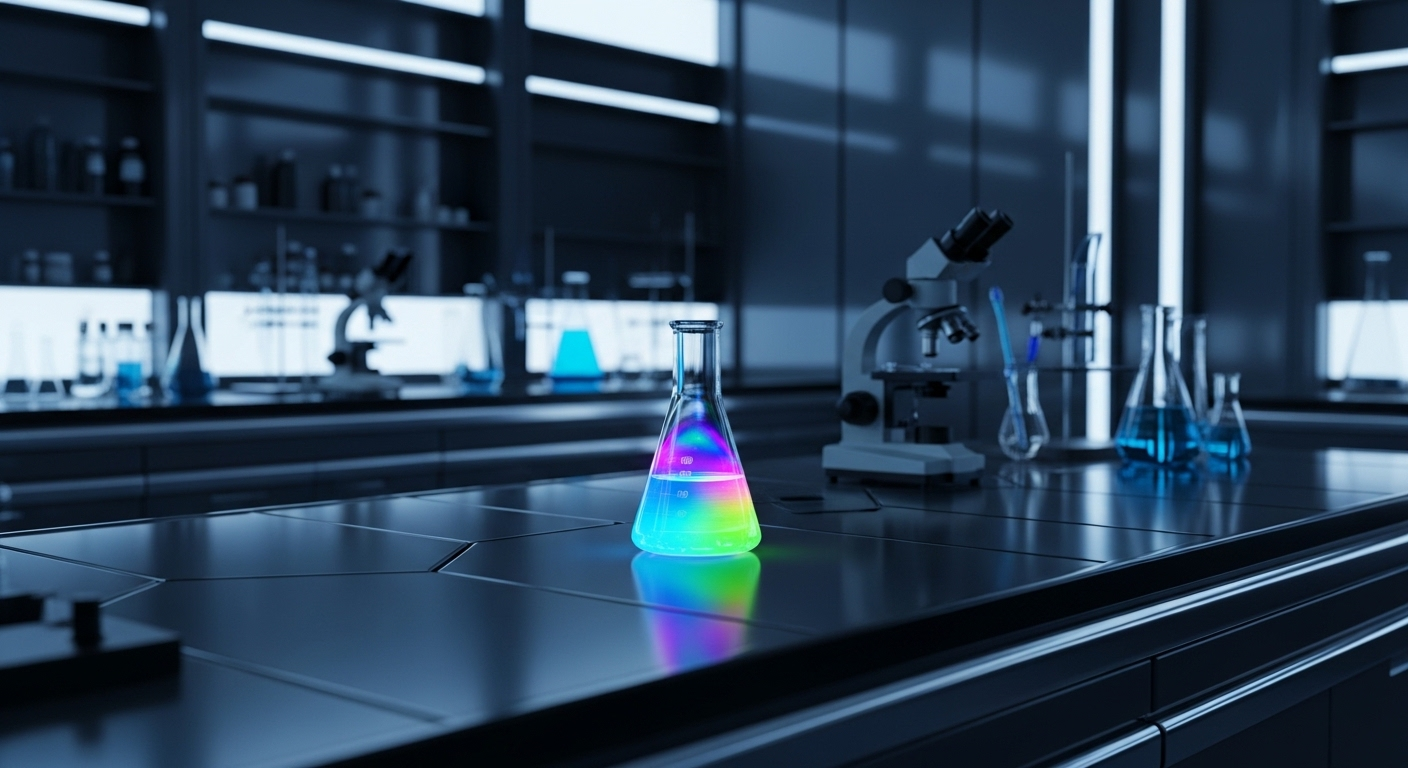 Phòng thí nghiệm công nghệ cao với bình chất lỏng óng ánh phát sáng, tượng trưng cho nghiên cứu đột phá về Hội chứng lão hóa sớm.