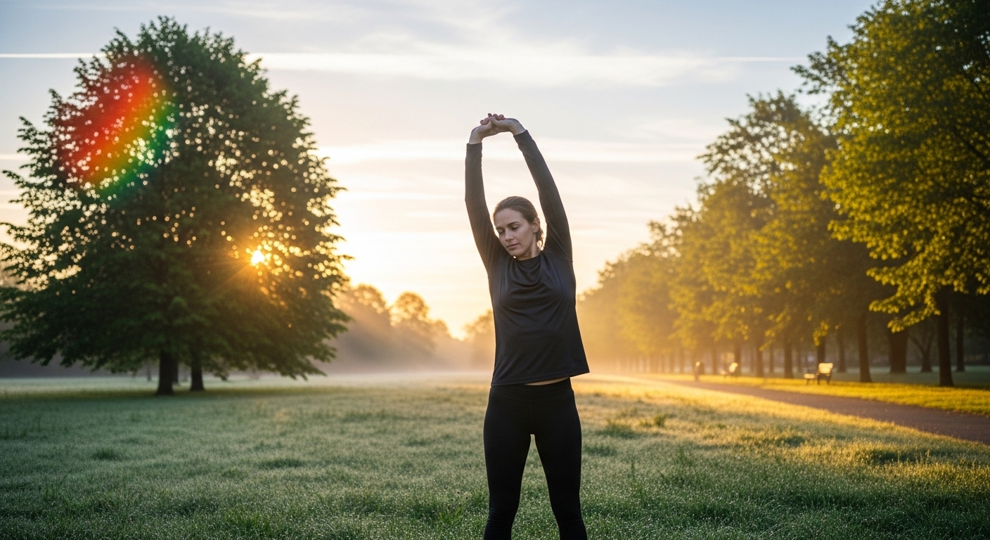 Một người đàn ông vươn vai nhẹ nhàng trong công viên xanh mát lúc bình minh, biểu trưng cho sức khỏe và sự chủ động bảo vệ cơ thể, chẳng hạn như tiêm HPV cho nam giới.