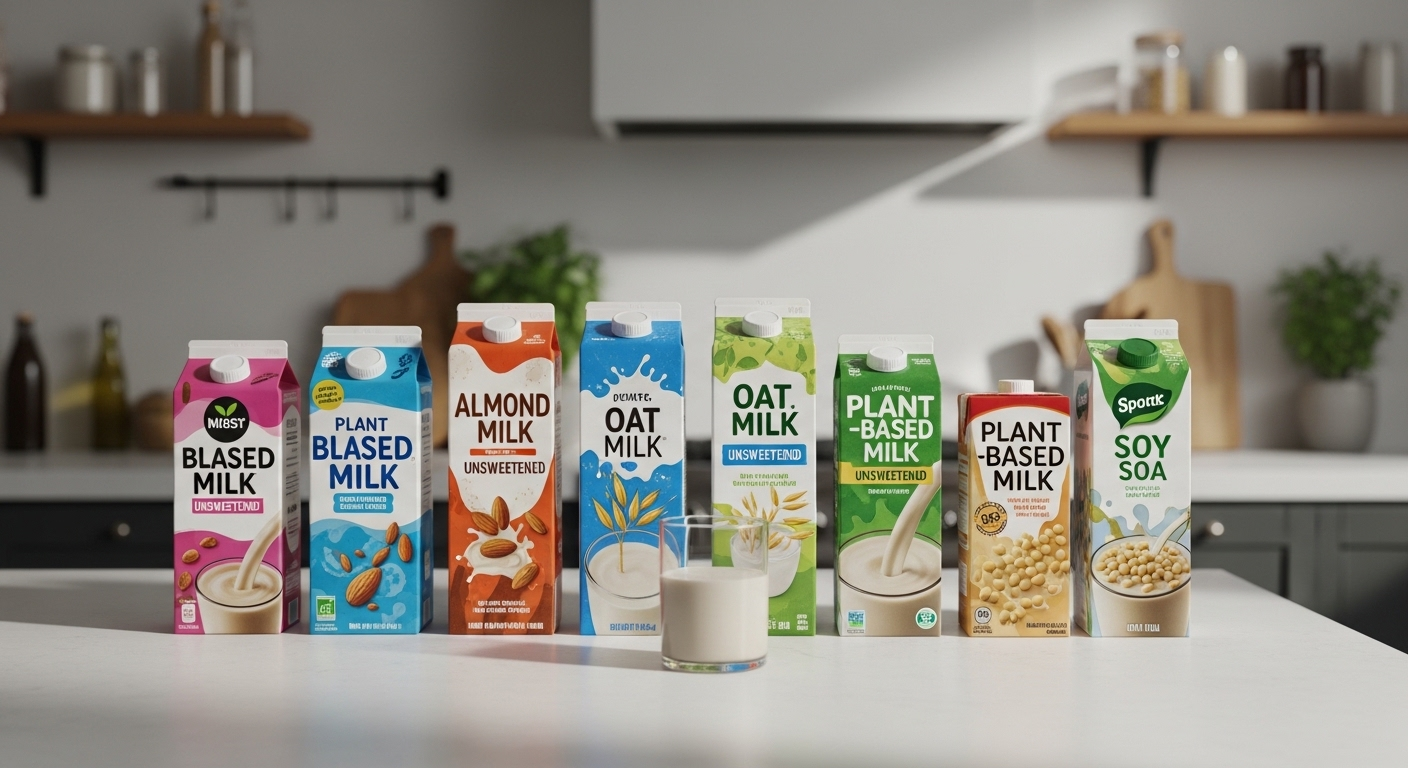 Các loại sữa thực vật không đường (hạnh nhân, yến mạch, đậu nành) và ly sữa trên bàn bếp hiện đại, nhấn mạnh lựa chọn đồ uống lành mạnh. Hình ảnh gợi nhắc việc tìm kiếm sữa bột dành cho người tiểu đường loại nào tốt để có chế độ dinh dưỡng phù hợp.