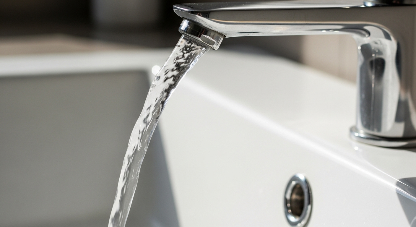 Hình ảnh dòng nước tinh khiết, mạnh mẽ chảy từ vòi hiện đại vào chậu trắng, gợi liên tưởng đến sự chính xác và hiệu quả của kỹ thuật cắt u tuyến tiền liệt bằng laser.