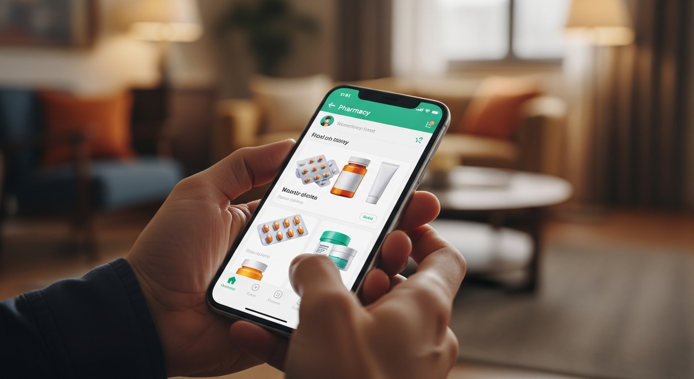 Cận cảnh bàn tay cầm smartphone hiển thị giao diện ứng dụng nhà thuốc thân thiện với các sản phẩm thuốc. Tìm mua thuốc online tiện lợi, an tâm với Long Châu không tăng giá thuốc.