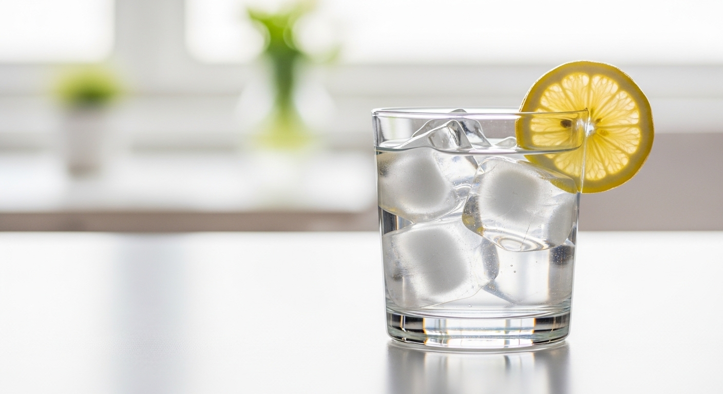 Ly nước lọc tinh khiết với chanh và đá, một lựa chọn thức uống lành mạnh, đặc biệt quan trọng khi tìm hiểu thực phẩm người tiểu đường nên kiêng.