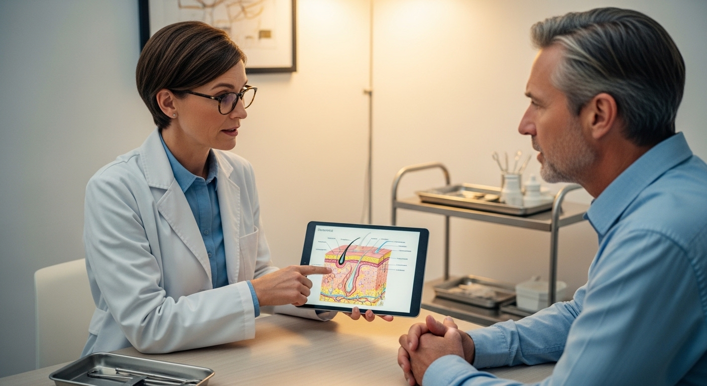 Bác sĩ da liễu tư vấn khách hàng về nâng cơ không xâm lấn, minh họa trên biểu đồ da kỹ thuật số tại phòng khám hiện đại.