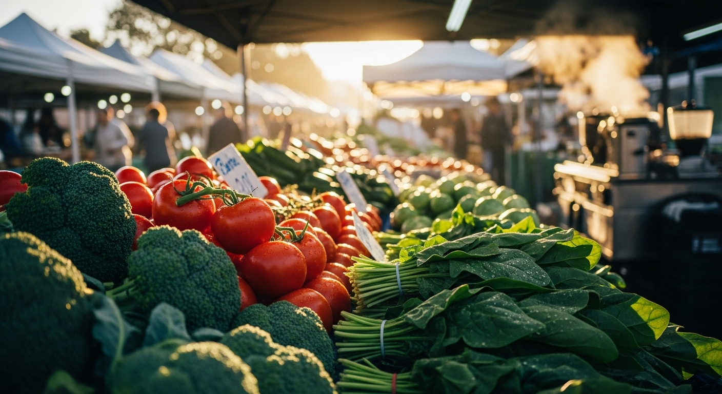 Chợ nông sản tươi sáng với bông cải xanh, cà chua mọng và cải bó xôi xanh đậm, những thực phẩm giảm mụn ẩn tự nhiên tuyệt vời cho làn da khỏe mạnh dưới ánh nắng ban mai.