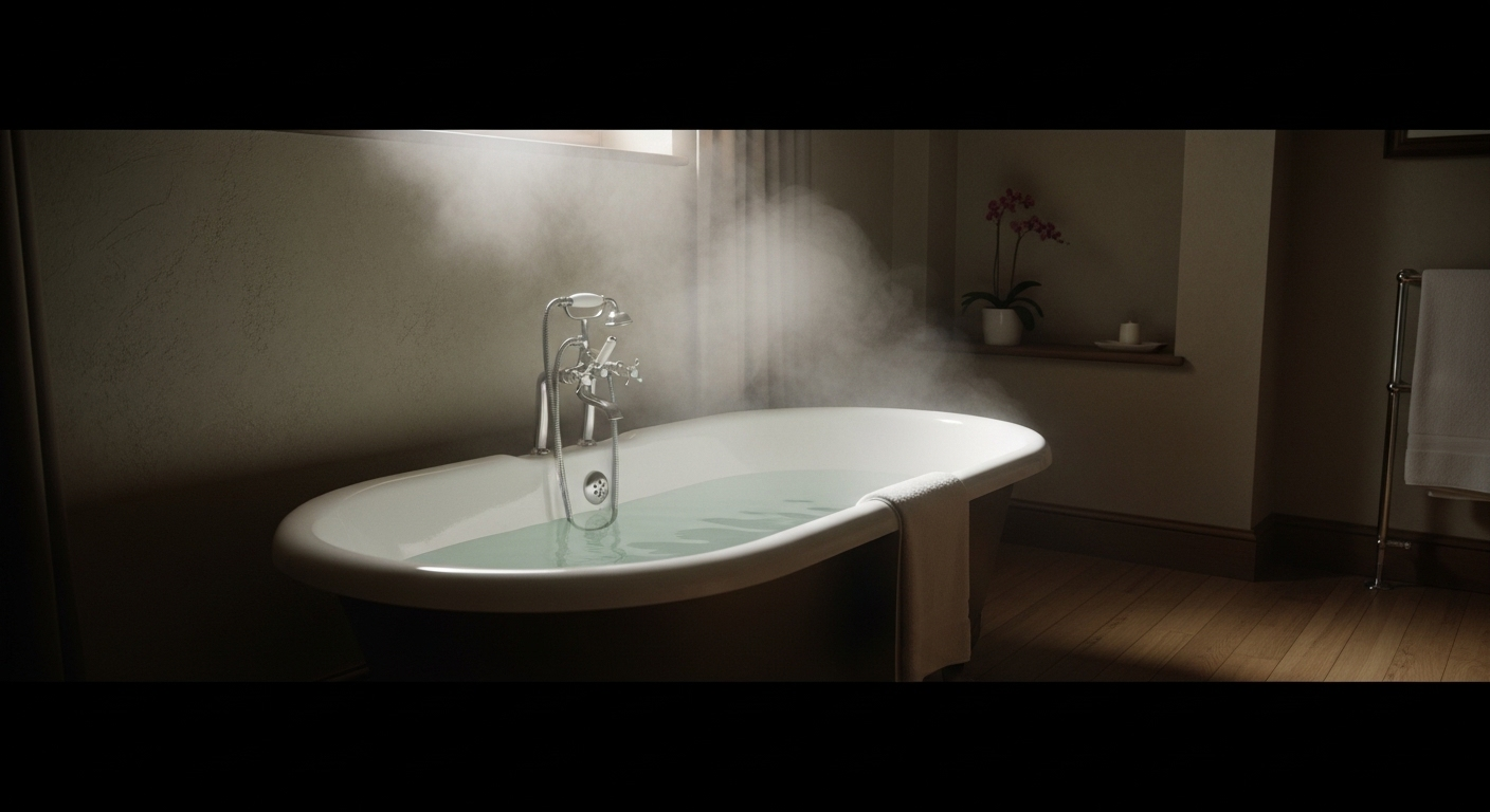 Bồn tắm nước ấm nghi ngút hơi trong không gian phòng tắm thanh bình, gợi ý một phương pháp thư giãn hiệu quả để tìm hiểu Cách ngủ ngon sau khi uống cà phê.