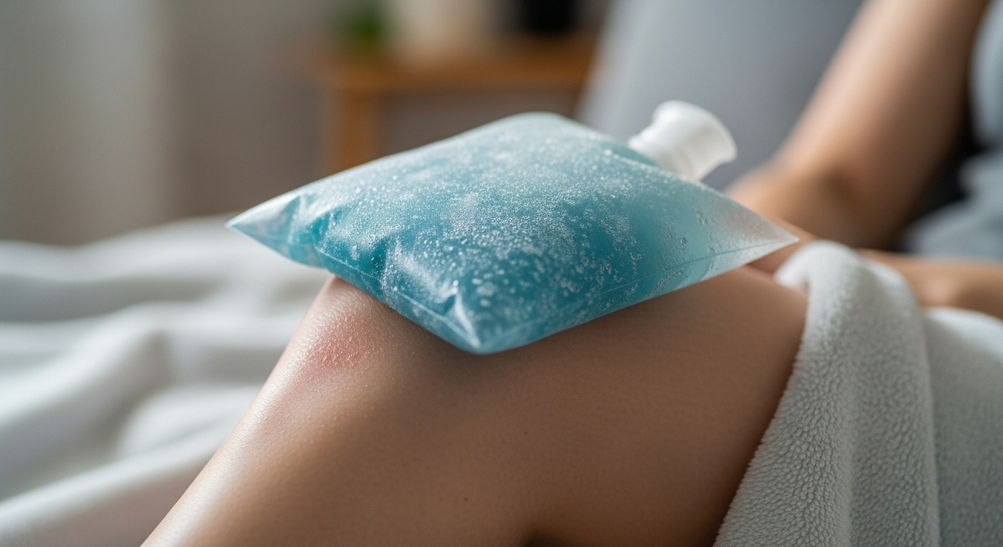 Người đang chườm lạnh nhẹ nhàng lên đầu gối để giảm đau và hỗ trợ phục hồi sau chấn thương rách sụn chêm tại nhà.