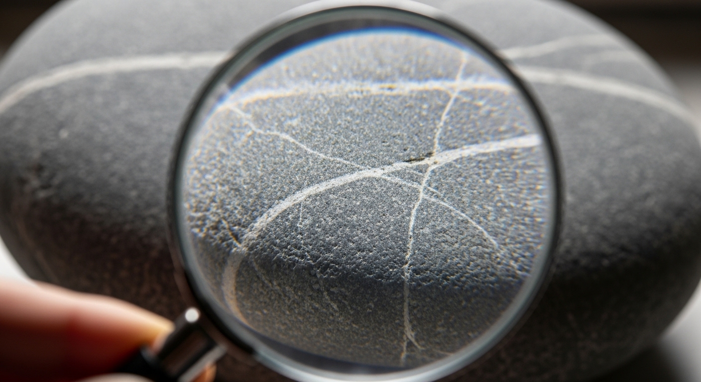 Cận cảnh macro hoa văn tinh xảo trên đá sông xám, nhìn rõ qua kính lúp dưới ánh sáng tự nhiên. Hình ảnh này nhấn mạnh tầm quan trọng của việc soi chiếu kỹ lưỡng để phát hiện những điều ẩn giấu, dù là chi tiết nhỏ hay các vấn đề phức tạp như xoắn tinh hoàn ẩn.