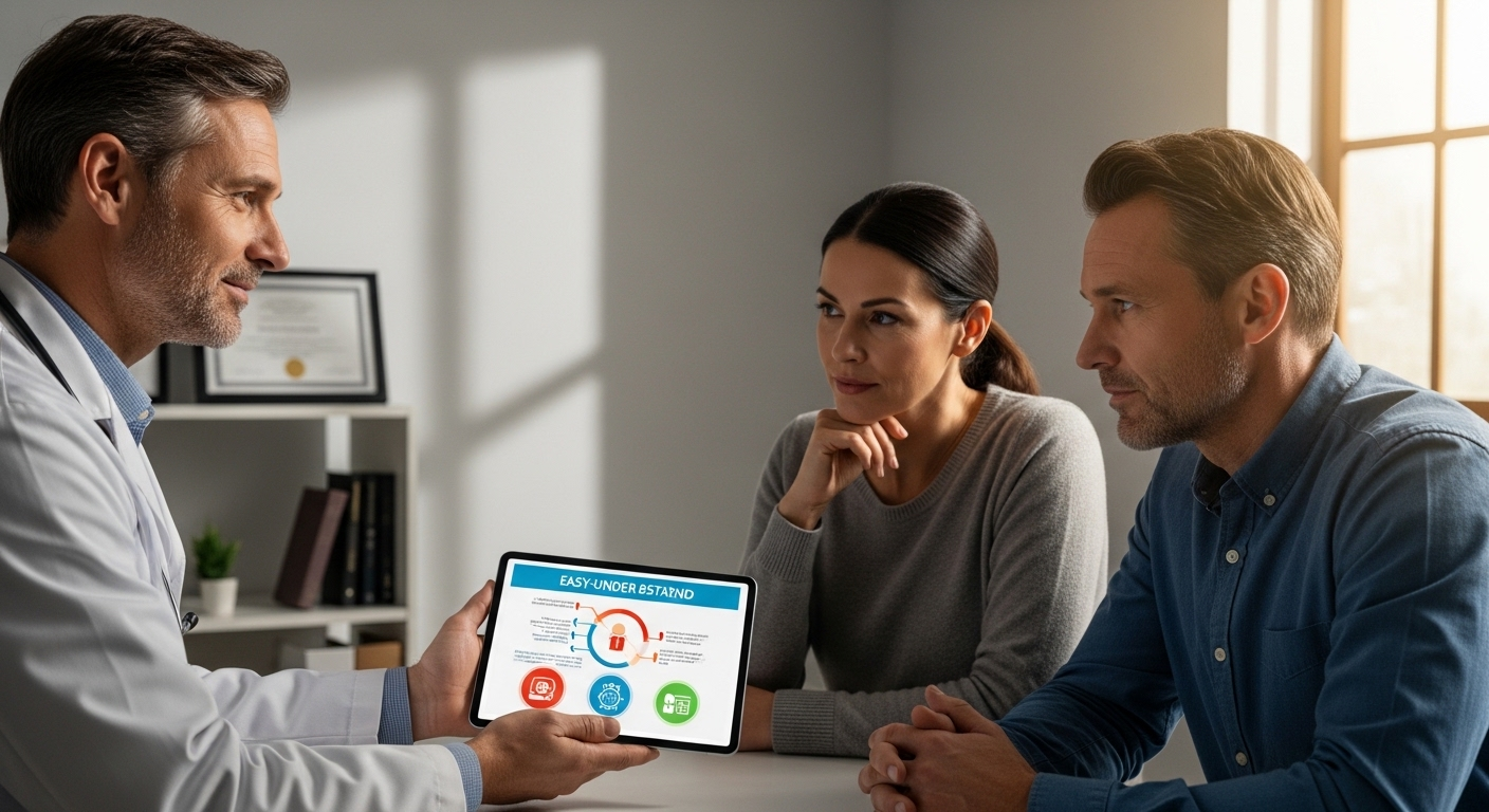 Bác sĩ chuyên khoa tư vấn cho bố mẹ về vaccine HPV, giải đáp các thắc mắc như tiêm vaccine HPV có khiến trẻ bị lùn không bằng infographic dễ hiểu trên máy tính bảng.