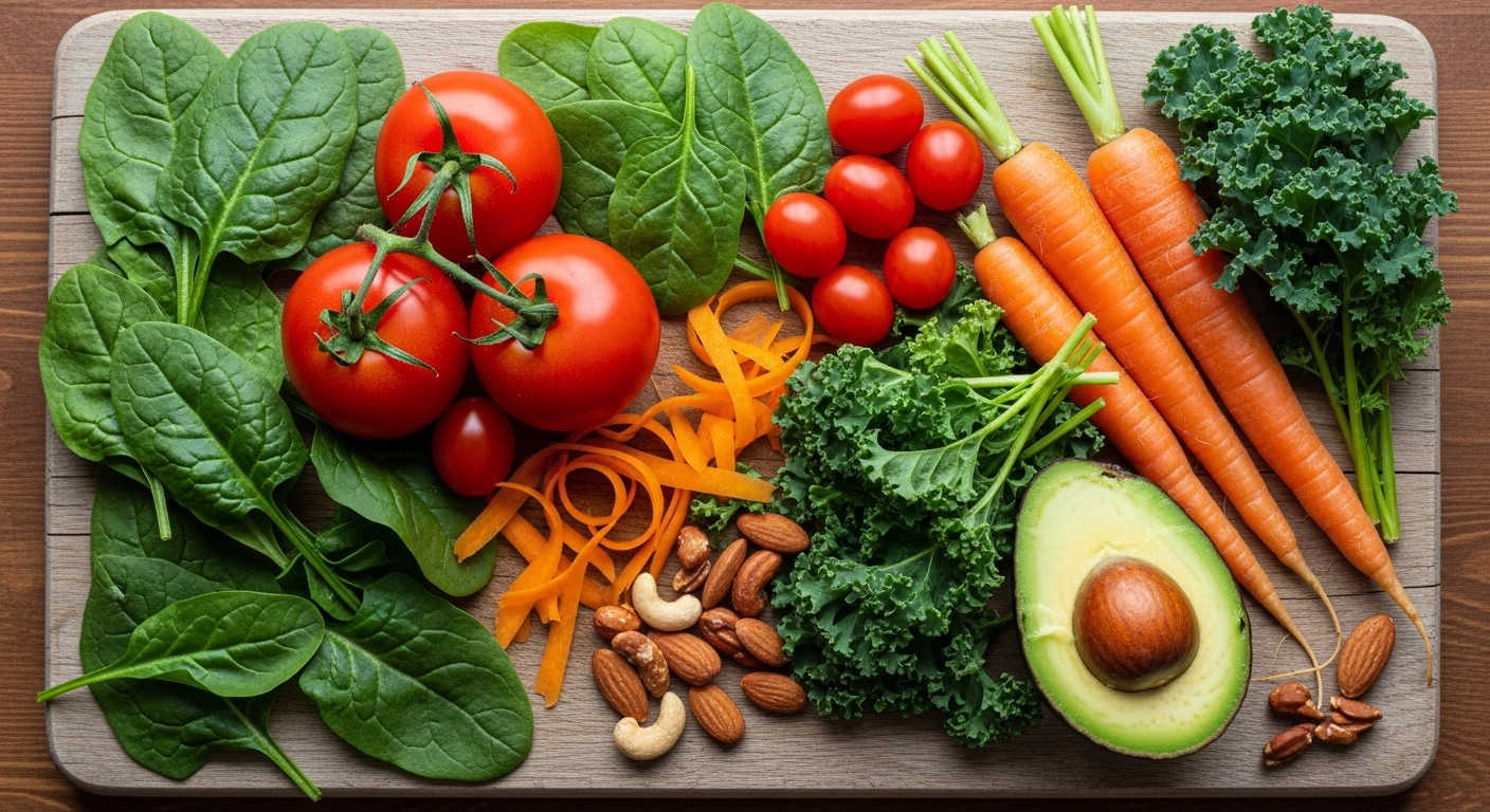 rau xanh, cà chua, cà rốt, bơ và hạt hỗn hợp. Bữa ăn lành mạnh, phù hợp cho chế độ ăn OMAD.