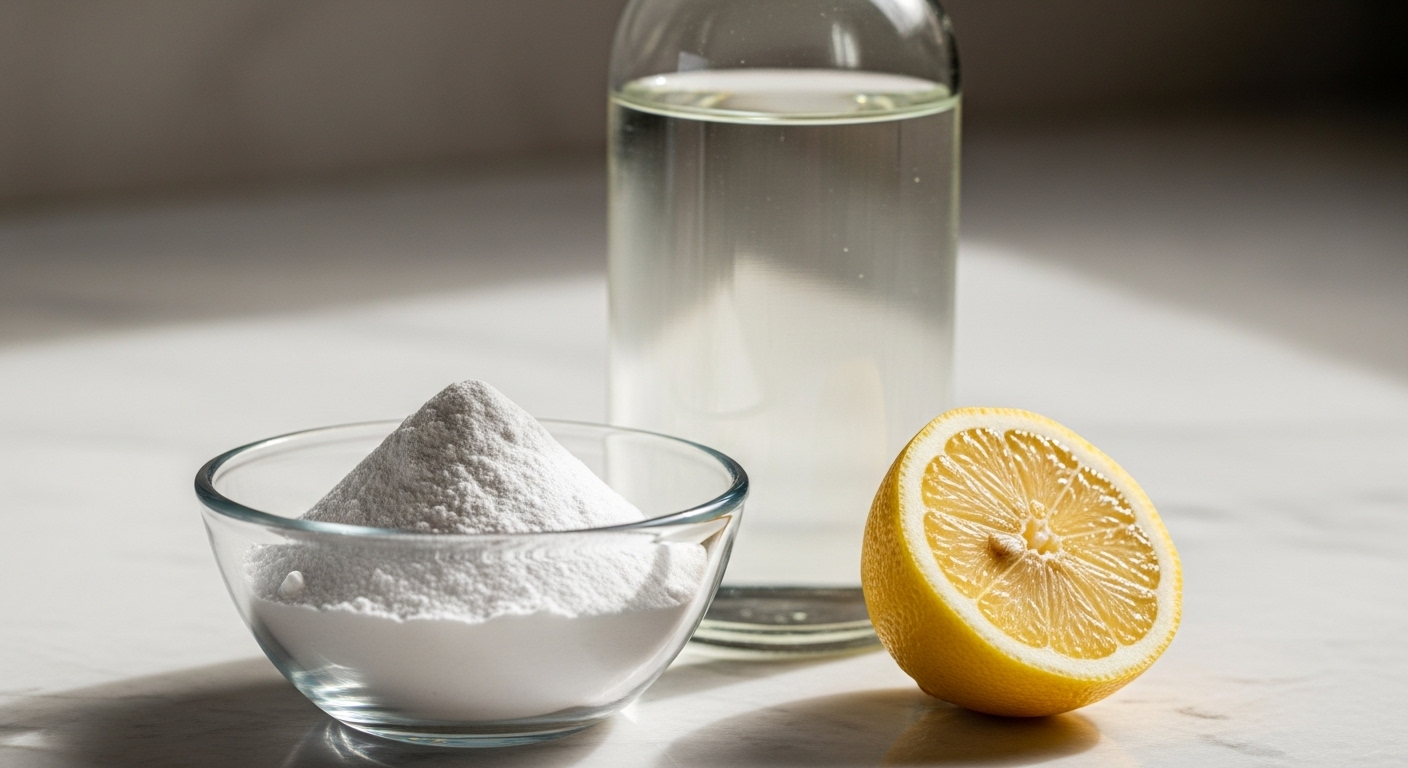 Bát baking soda, giấm trắng và chanh tươi – nguyên liệu làm sạch tự nhiên hiệu quả, lý tưởng để vệ sinh bồn cầu và nhiều bề mặt khác.