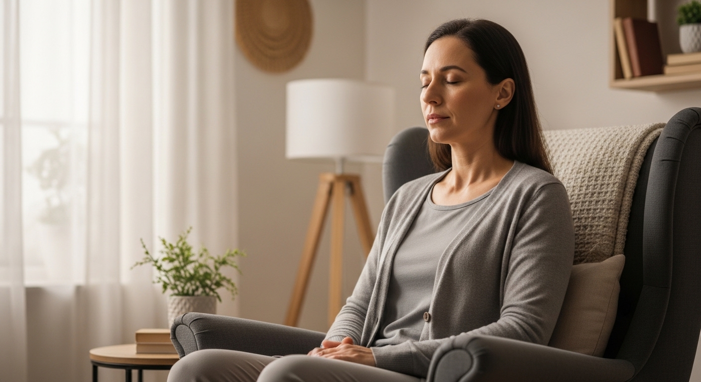 Người lớn ngồi bình tĩnh, đầu hơi cúi về phía trước, thở nhẹ qua miệng, trong tư thế xử lý chảy máu cam ở không gian yên tĩnh.