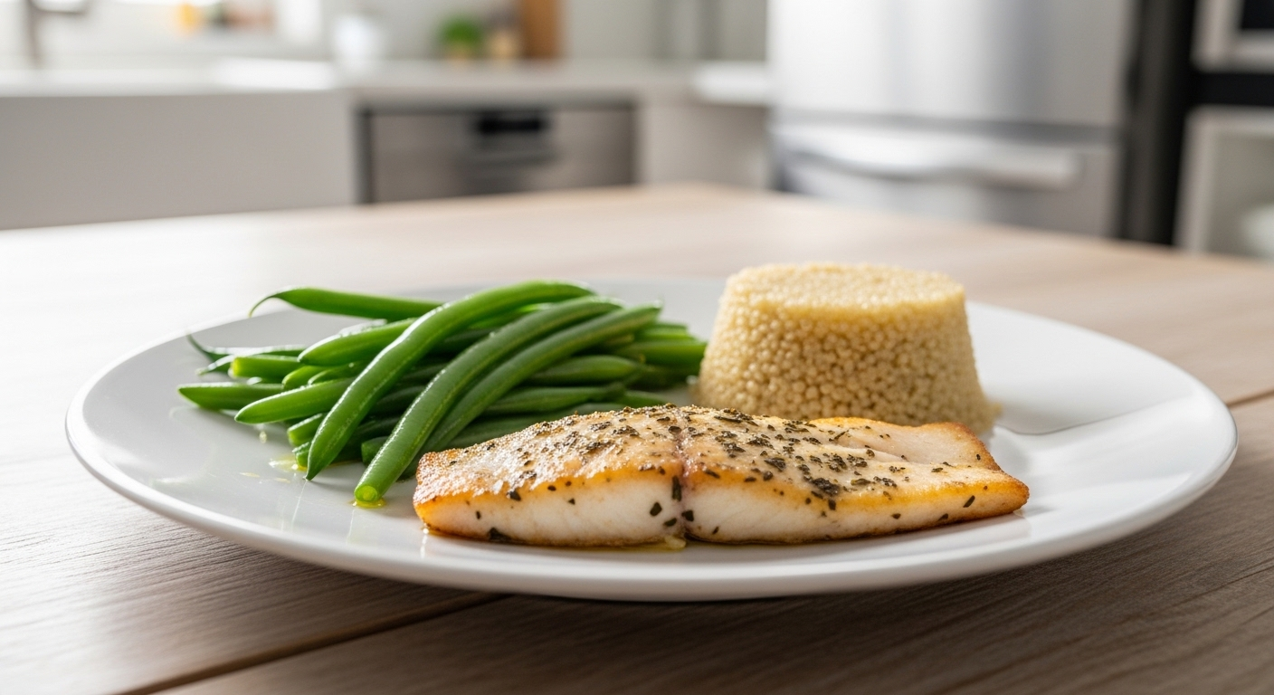 Bữa ăn cân bằng dinh dưỡng gồm cá nướng, đậu xanh hấp và hạt quinoa trên đĩa trắng, hỗ trợ phục hồi thận sau Covid-19.