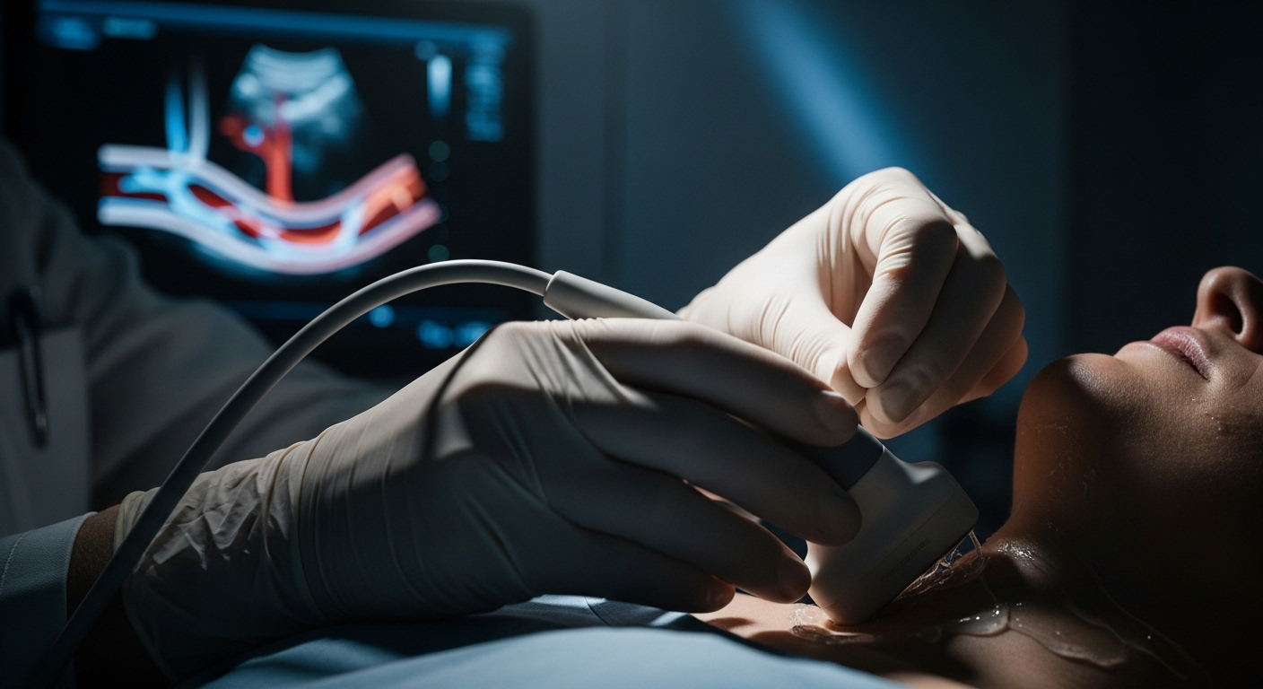 Chuyên gia y tế thực hiện siêu âm Doppler mạch máu cổ với thao tác chính xác, trên màn hình hiển thị dòng chảy, giúp chẩn đoán và phát hiện sớm tình trạng hẹp mạch máu não.