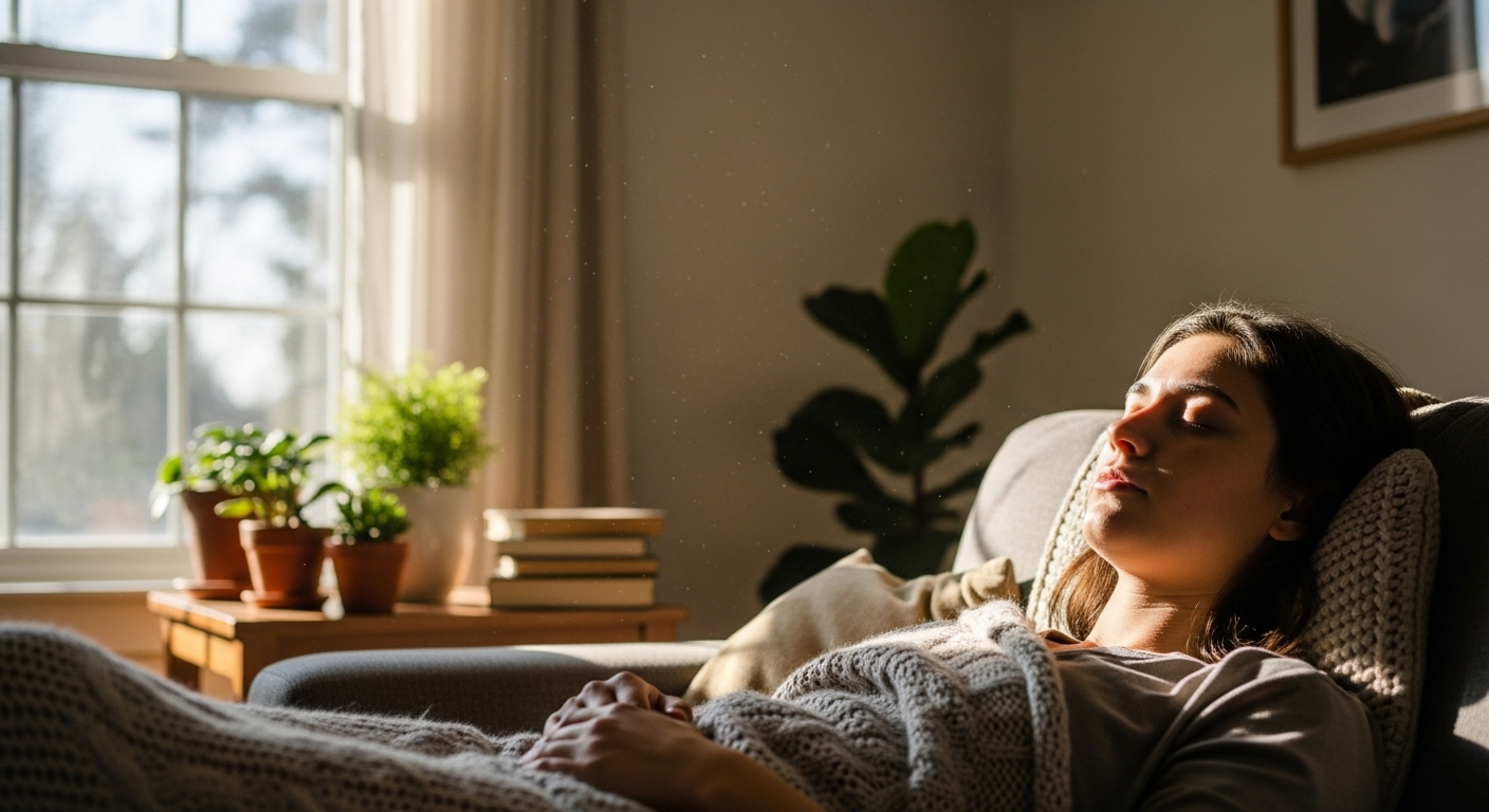 Hình ảnh một người đang thư thái nhắm mắt nghỉ ngơi trong không gian yên bình, tràn ngập ánh sáng tự nhiên, biểu trưng cho sự dễ chịu sau các liệu pháp hiệu quả như tiêm botox giảm đau đầu mạn tính.