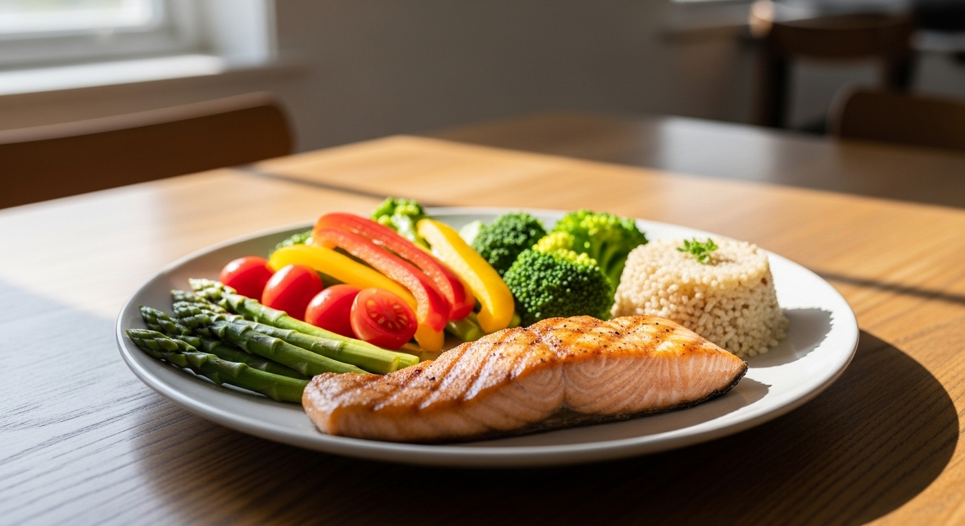 Đĩa thức ăn dinh dưỡng cân bằng gồm cá nướng, rau xanh tươi và ngũ cốc nguyên hạt, hỗ trợ gan khỏe mạnh, giảm nguy cơ viêm gan B gây ung thư gan.