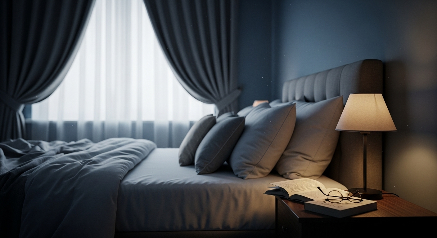 Phòng ngủ tối, yên tĩnh với giường gọn gàng, rèm chắn sáng dày, cùng đèn ngủ ấm áp và sách trên bàn. Tạo môi trường lý tưởng cho giấc ngủ sâu, giúp kiểm soát tăng đường huyết buổi sáng.