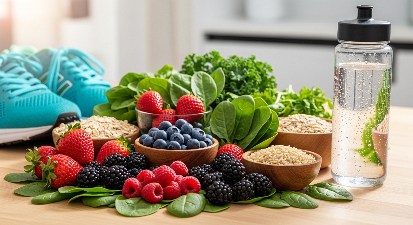 Thực phẩm tươi ngon, giày chạy bộ và bình nước trên bàn gỗ, hình ảnh gợi lối sống lành mạnh giúp phòng ngừa nhồi máu cơ tim và tăng cường sức khỏe.