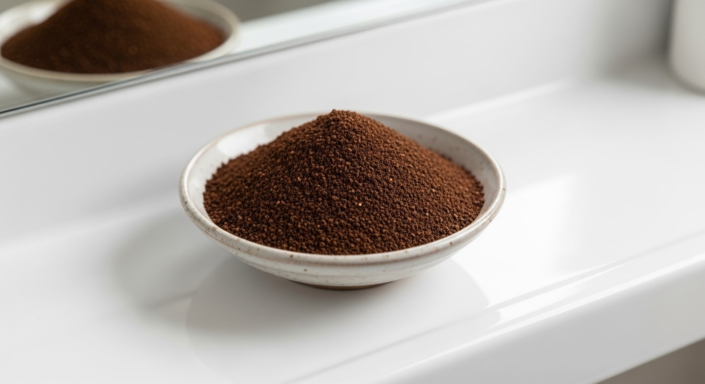 Bã cà phê khô trong chén sứ đặt trên kệ nhà vệ sinh trắng, là cách xử lý mùi hôi nhà vệ sinh tự nhiên và hiệu quả.