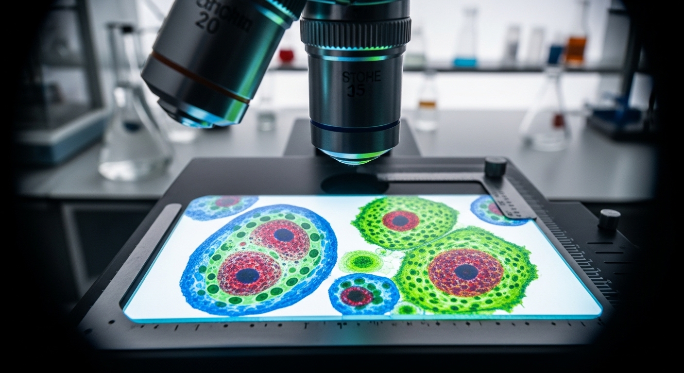 Kính hiển vi hiển thị mẫu tế bào phức tạp, phân tích chi tiết để tìm các dấu hiệu bệnh thận giai đoạn muộn.