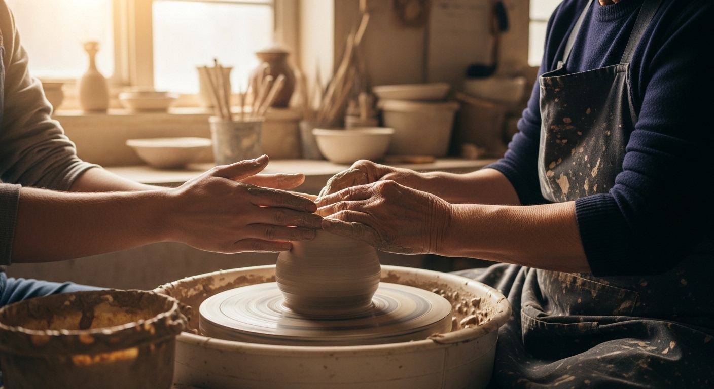 Tại điểm chăm sóc người già ban ngày, một cụ ông/bà kiên nhẫn hướng dẫn người trẻ làm thủ công truyền thống trong xưởng tràn ngập nắng, tập trung vào đôi tay và vật liệu. Tại điểm chăm sóc người già ban ngày, một cụ ông/bà kiên nhẫn hướng dẫn người trẻ làm thủ công truyền thống trong xưởng tràn ngập nắng, tập trung vào đôi tay và vật liệu.