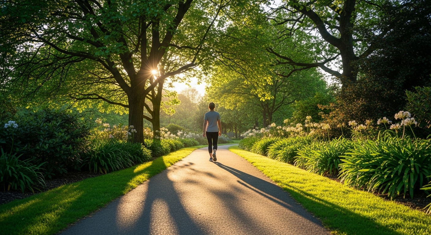 Người tập thể dục nhẹ nhàng trong công viên xanh dưới nắng ấm, tạo cảm giác yên bình và khỏe khoắn. Hoạt động này là phần thiết yếu của lối sống lành mạnh, hỗ trợ sức khỏe tổng thể và các mục tiêu như nhịn ăn tăng cân một cách bền vững.