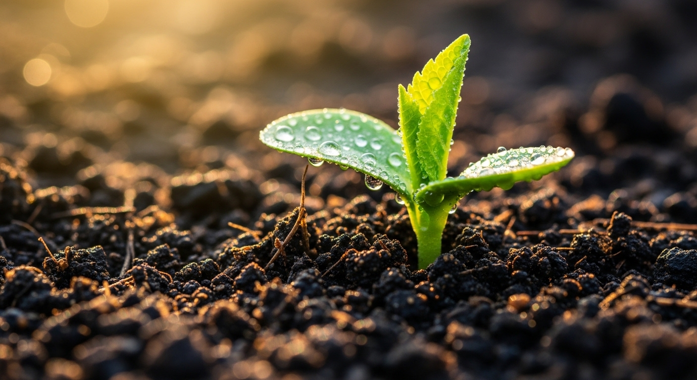 Mầm cây xanh tươi vươn mình từ đất màu mỡ, giọt sương long lanh trong nắng ấm, biểu tượng mạnh mẽ cho sự sống mới và hy vọng, như cách ghép tạng domino nhân rộng cơ hội sống.