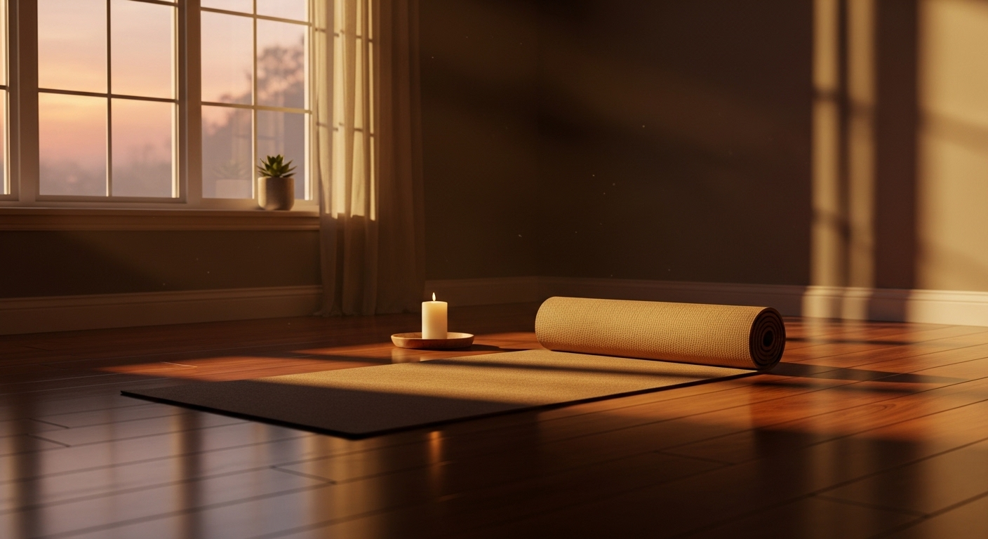 Cảnh phòng yoga thanh tịnh với thảm trải trên sàn gỗ bóng loáng, ánh hoàng hôn dịu nhẹ. Không gian lý tưởng để thư giãn, giúp bạn tránh xa 7 thói quen cần tránh sau 19h để bảo vệ trái tim.