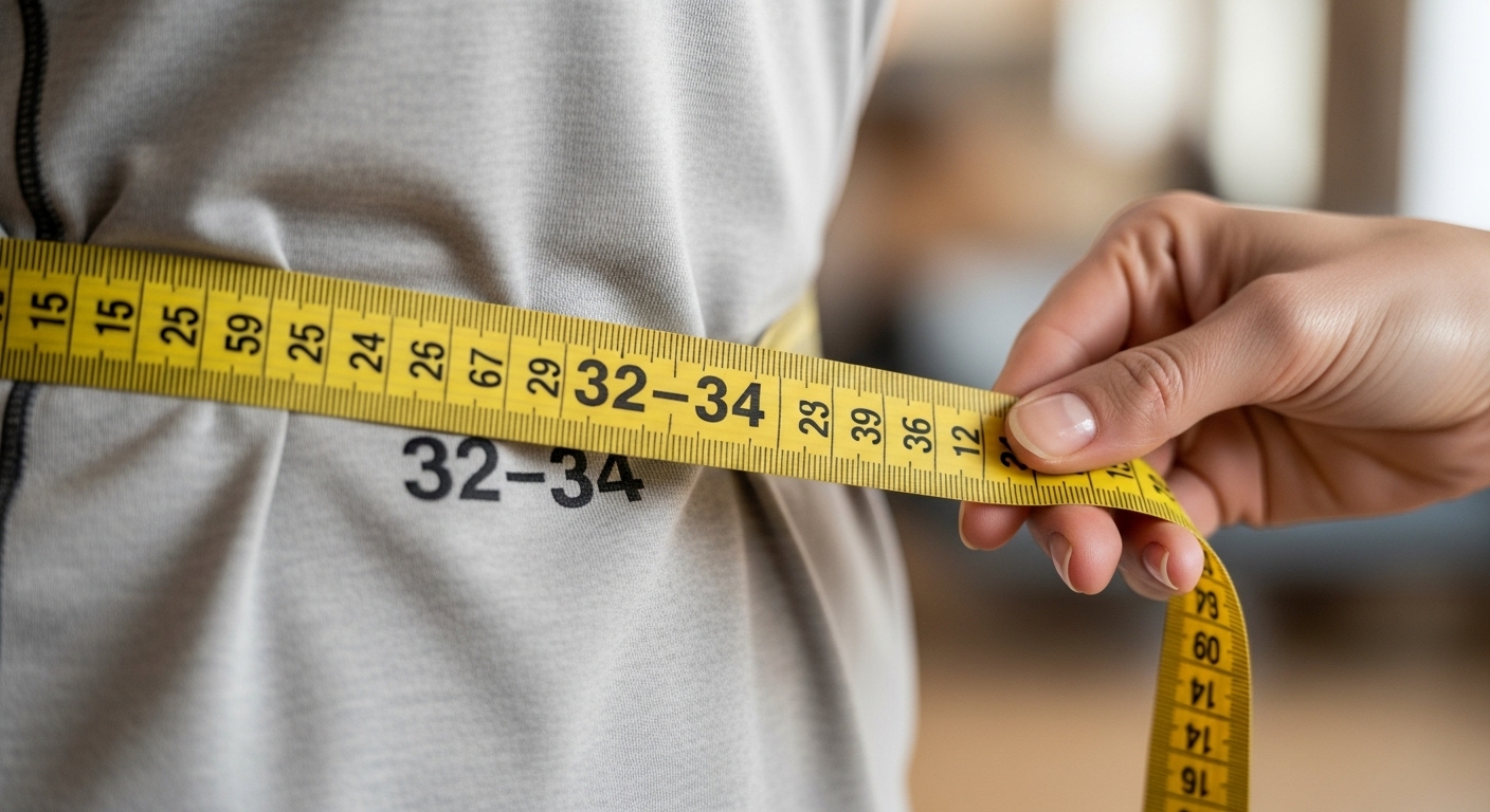 Một người dùng thước dây đo vòng eo trên áo thể thao, đánh giá tiến độ trong thử thách giảm cân.