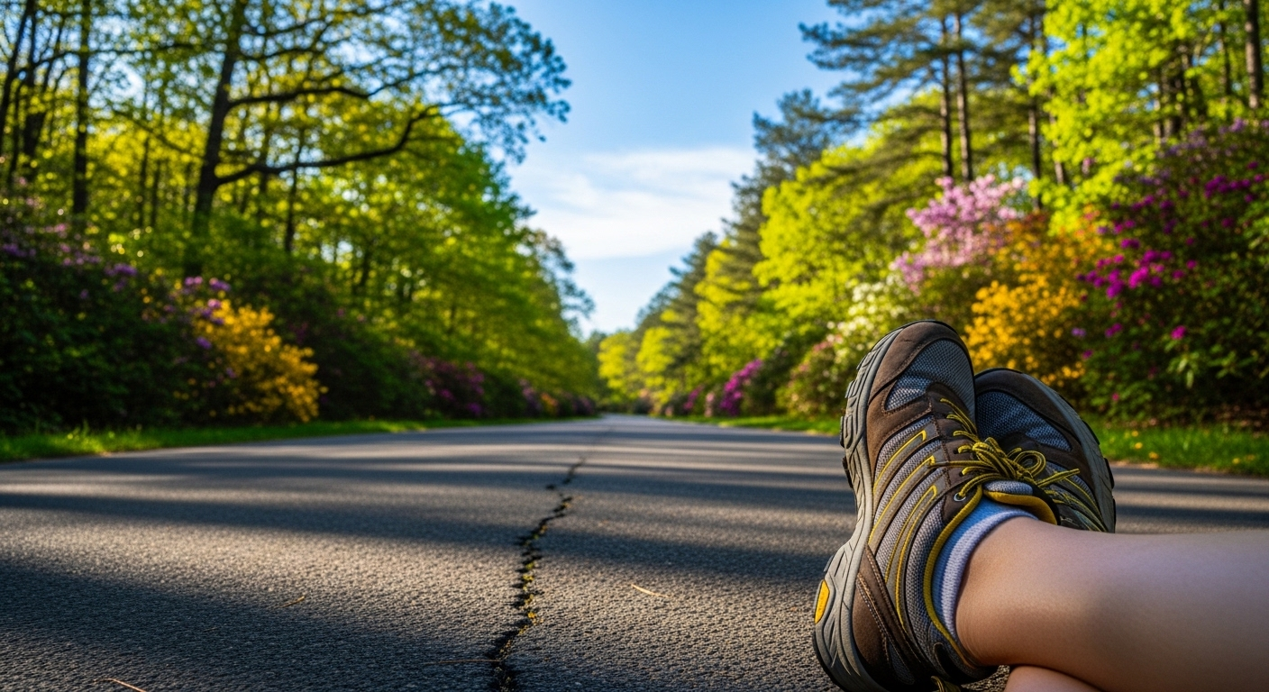 Giày đi bộ thoải mái trên lối đi lát đá xanh mát giữa cây cối và hoa, thể hiện một thói quen giúp minh mẫn khi về già.