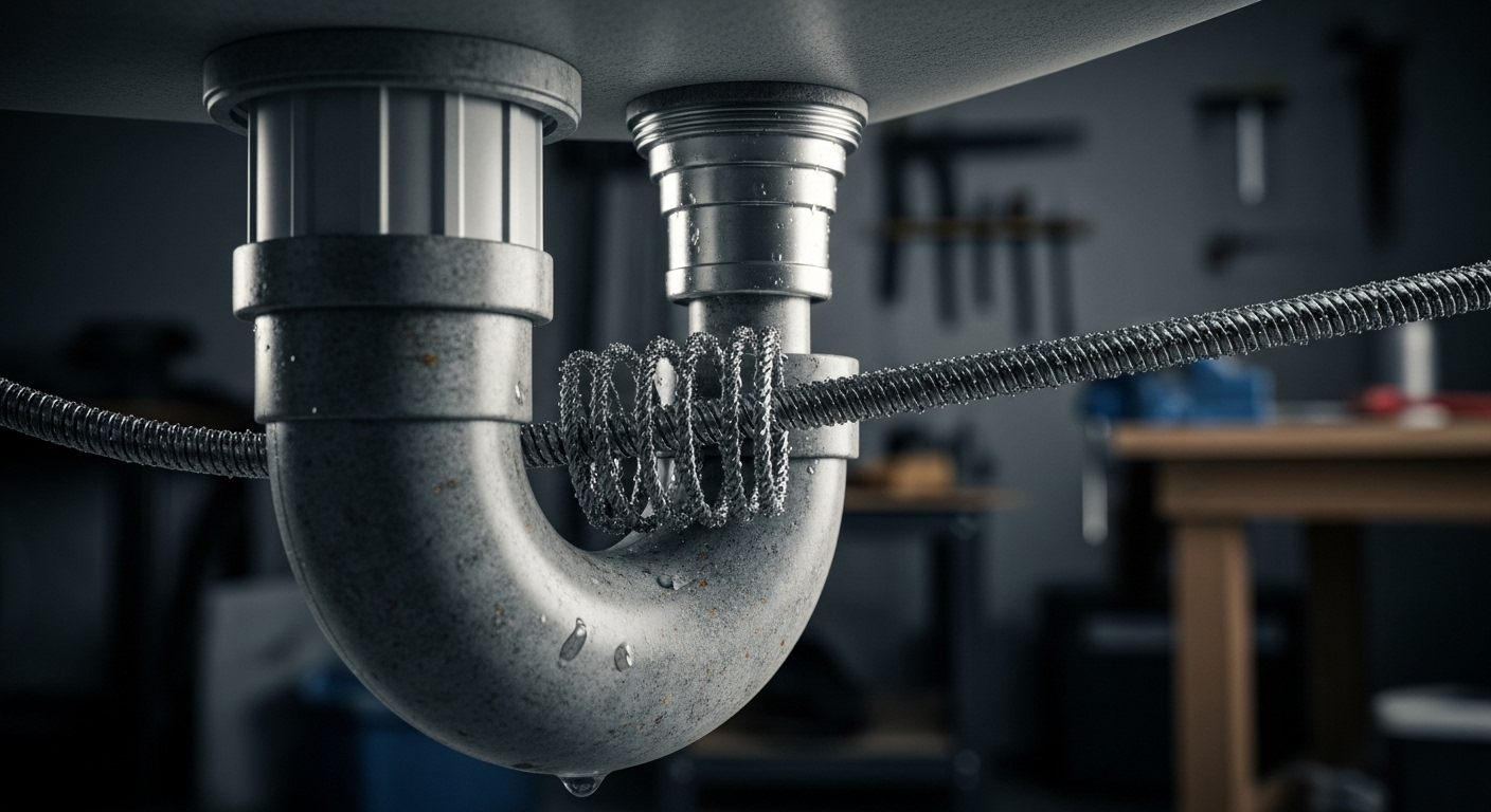 Cận cảnh lò xo thông cống đang được luồn vào ống chữ U dưới bồn rửa, minh họa cách thông cống nghẹt hiệu quả bằng dụng cụ chuyên dụng. Cận cảnh lò xo thông cống đang được luồn vào ống chữ U dưới bồn rửa, minh họa cách thông cống nghẹt hiệu quả bằng dụng cụ chuyên dụng.