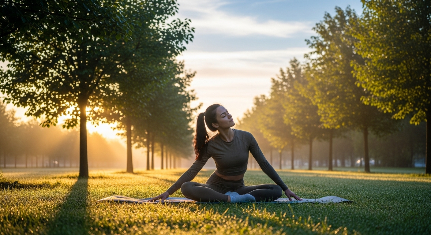 Người tập yoga nhẹ nhàng giữa công viên xanh mướt lúc bình minh, tượng trưng cho lối sống lành mạnh kết hợp vận động và cách ăn để giảm mỡ máu.