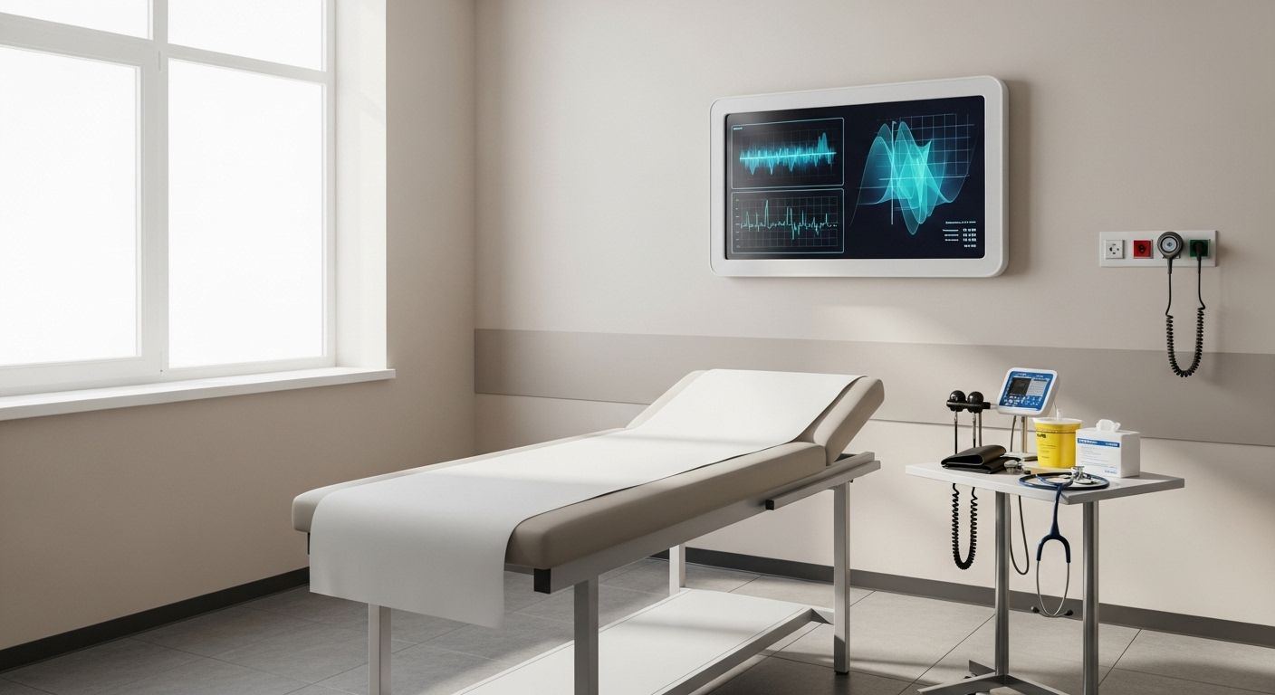 Phòng khám y tế hiện đại, vô trùng với bàn khám sạch sẽ và màn hình kỹ thuật số hiển thị dữ liệu y tế, sẵn sàng cho các buổi thăm khám hoặc chẩn đoán chuyên sâu, bao gồm cả kiểm tra túi ngực vỡ.