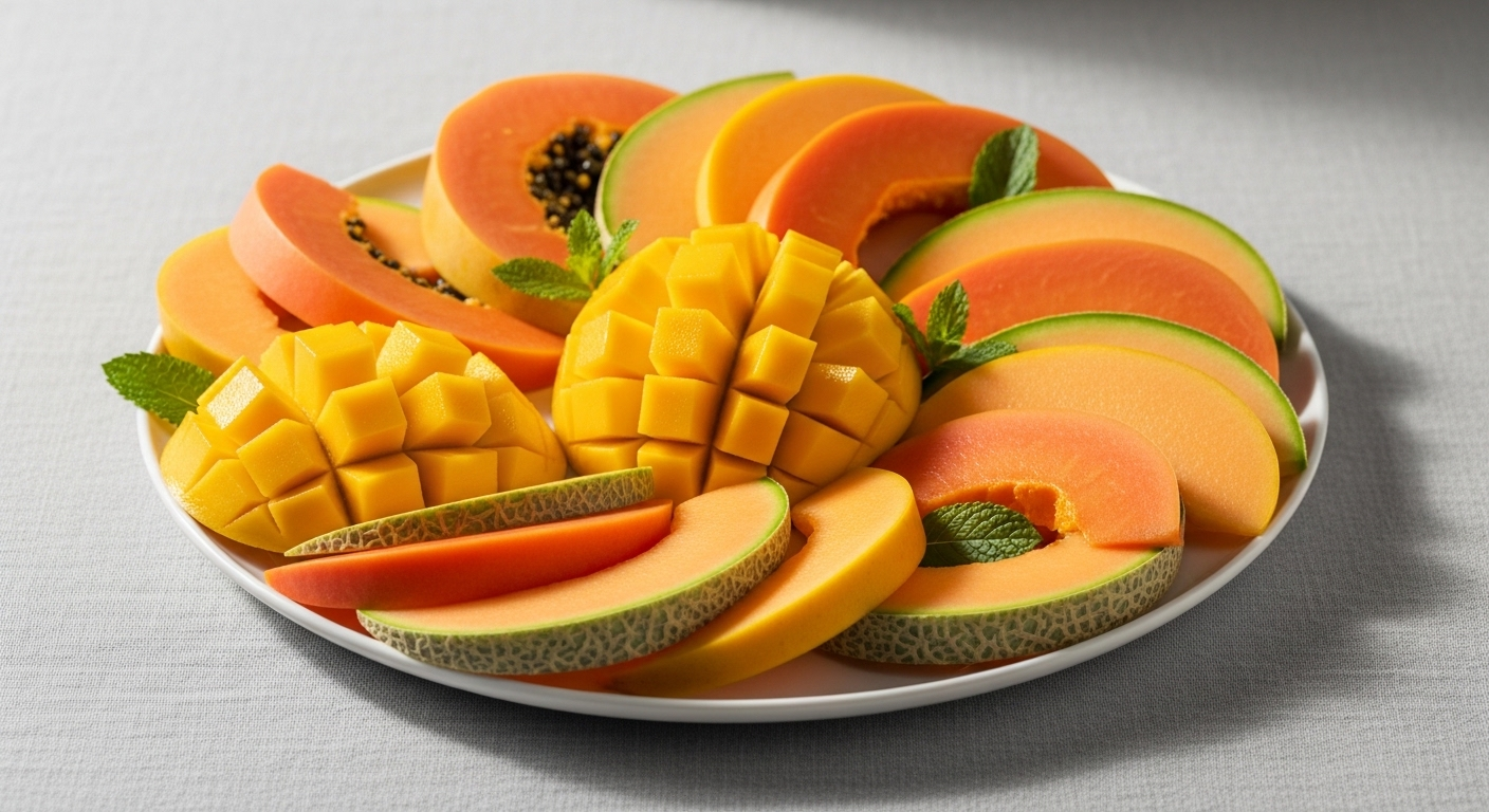 Đĩa trái cây rực rỡ với xoài, đu đủ, dưa lưới cắt lát chín mọng, những thực phẩm giàu vitamin A.